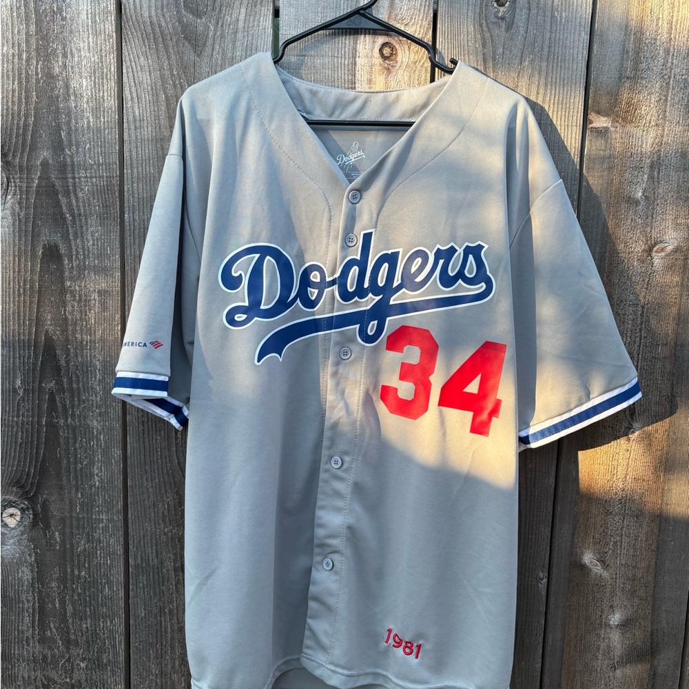 Los Angeles Dodgers Gray Jersey with Blue Script and Red Number 34
